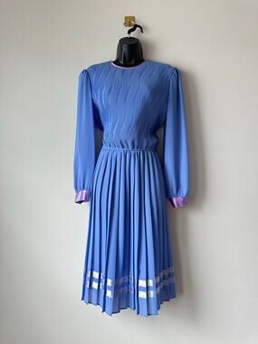 Vintage 80s Periwinkle Blue Pleated Midi Dress Satin Trim Golden Girls 12